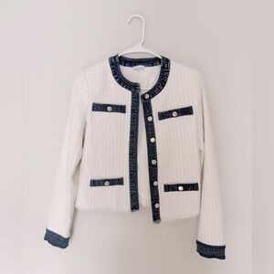 Ecru Ivory Tweed Jacket with Dark Denim Trim